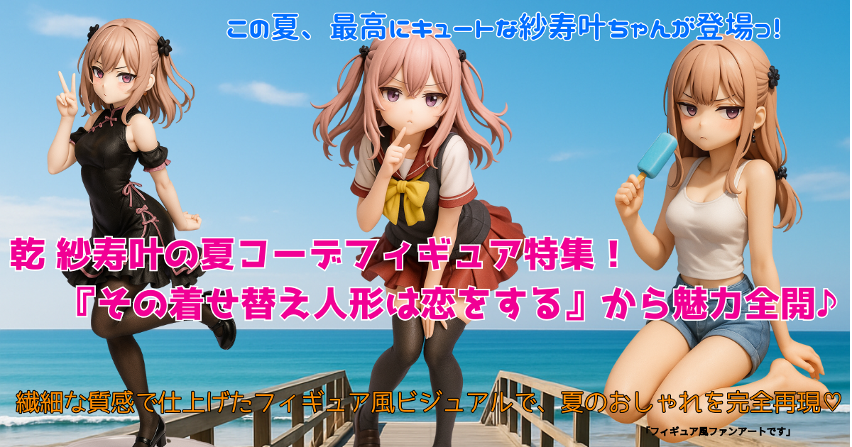 黒セーラー風衣装を着た乾紗寿叶と猫耳ユムルのPVCフィギュア風イラスト。夏らしい背景で並んで立っている2ショットビジュアル。