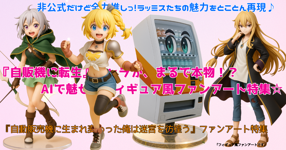 ラッミス・ヒュールミ・シュイが並ぶフィギュア風アート。各キャラの個性が光る衣装とポーズで、『自動販売機に生まれ変わった俺は迷宮を彷徨う』の魅力を立体的に表現。